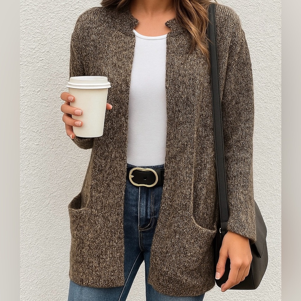 Baby Alpaca Made in Peru Knit Open Front Cardigan Brown/Tan Medium